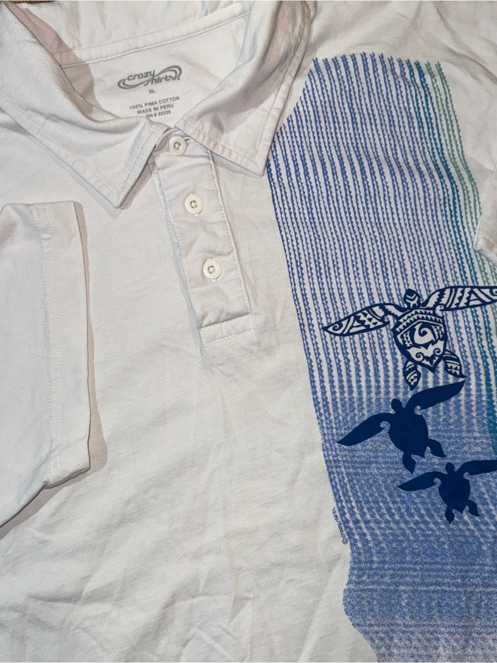 Crazy Shirts Polo Shirt White XL Hawaii Graphic Front Striped Turtle Pima Cotton